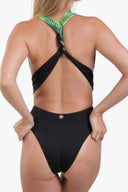 Back view of the Room 24 Rachel one-piece swimsuit showing its halterneck construction, open back and close-fitting silhouette.