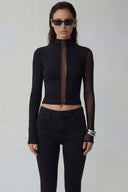 Front view of the Room 24 Joyce top with a high neckline, sheer centre panel and asymmetric long sleeves.