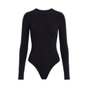 Close-up of the Room 24 Ruby black bodysuit showing the clean round neckline and smooth stretch-fabric finish.