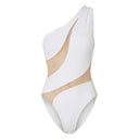 Close-up of the Room 24 Freya white swimsuit showing its one-shoulder neckline, smooth stretch fabric and illusion-mesh detailing.