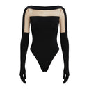 Close-up of the Room 24 Solera black bodysuit showing the boat neckline and contrasting sheer mesh yoke.