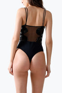 Back view of the Room 24 Lumi black sequin lace bodysuit highlighting its slim straps, lace detailing and sculpted thong silhouette.