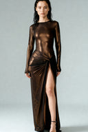 Front view of the Room 24 Roxy bronze metallic maxi dress with long sleeves, ruched hip detailing and a thigh-high split.