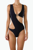Front view of the Room 24 Leona one-piece swimsuit with a deep V-neckline, circular metal accent and asymmetric cut-out.