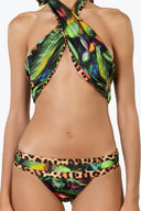 Front view of the Room 24 Vicky bikini top with a crossover halterneck, open-front detail and wide supportive panels.