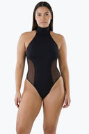 Room 24 Adela black high-neck bodysuit with curved mesh side panels and a sculpted fit.