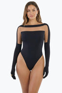 Front view of the Room 24 Solera black bodysuit with a sheer mesh yoke, boat neckline and integrated glove sleeves.