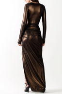 Back view of the Room 24 Roxy bronze metallic dress showing its fitted long sleeves and sculpted full-length silhouette.