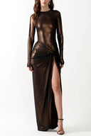 Front view of the Room 24 Roxy bronze metallic maxi dress with long sleeves, ruched hip detailing and a thigh-high split.