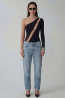 Front view of the Room 24 Suzanna black one-shoulder bodysuit with a diagonal mesh cut-out and single fitted sleeve.
