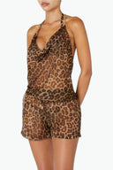 Front view of the Room 24 Marni top with an animal print, draped cowl neckline and delicate chain straps.
