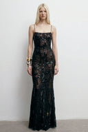 Front view of the Room 24 Rossana black sequin lace maxi dress with thin straps, a straight neckline and mermaid silhouette.