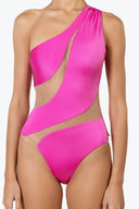 Front view of the Room 24 Freya fuchsia one-piece swimsuit with an asymmetric shoulder and sweeping illusion-mesh cut-outs.