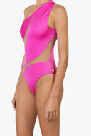 Side view of the Room 24 Freya fuchsia one-piece highlighting its curved illusion-mesh panels and high-cut leg.