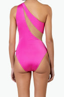 Back view of the Room 24 Freya fuchsia swimsuit showing its asymmetric construction, illusion-mesh panels and sculpted fit.