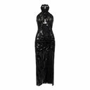 Front view of the Room 24 Iris black sequin lace maxi dress with a crossover halterneck, waist cut-out and thigh slit.