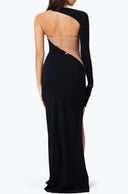 Back view of the Room 24 Bond black cut-out maxi dress highlighting its low back, asymmetric shoulder and sculpted silhouette.