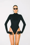 Front view of the Room 24 Jane black bodysuit with a high neckline, long sleeves.