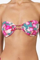Close-up of the Room 24 Flora bikini top showing the gathered fabric and central ring detail.