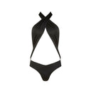 Close-up of the Room 24 Carol swimsuit showing its crossover halterneck and softly gathered stretch-fabric panels.