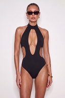 Front view of the Room 24 Adriana one-piece swimsuit with a high halterneck, plunging cut-outs and chain detailing.