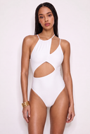 Front view of the Room 24 Alina one-piece swimsuit with an asymmetric neckline, gathered panel and sweeping waist cut-out.