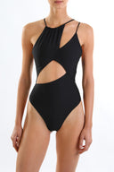 Front view of the Room 24 Alina black one-piece swimsuit with an asymmetric neckline, gathered detailing and sweeping waist cut-outs.