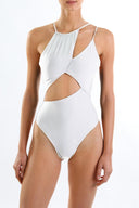 Front view of the Room 24 Alina one-piece swimsuit with an asymmetric neckline, gathered panel and sweeping waist cut-out.