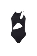 Close-up of the Room 24 Alina black swimsuit showing its asymmetric neckline, gathered construction and smooth stretch fabric.