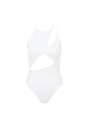 Close-up of the Room 24 Alina swimsuit showing its asymmetric neckline, slender straps and gathered fabric detailing.