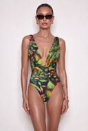 Front view of the Room 24 Amelia one-piece swimsuit with a deep plunge neckline, wide straps and crossover waist detailing.