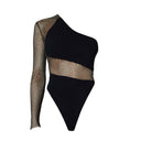 Close-up of the Room 24 Anastasia bodysuit showing the crystal-embellished mesh and smooth black stretch fabric.
