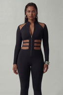 Front view of the Room 24 Anna black catsuit with a high collar, centre zip, shoulder cut-outs and strappy waist.