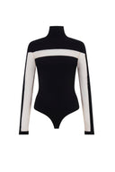 Close-up of the Room 24 Veronica black bodysuit showing the high neckline and geometric illusion-mesh chest panel.