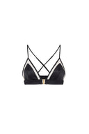 Close-up of the Room 24 Bella bralette showing its satin-effect finish, outlined triangle cups and centre-front clasp.