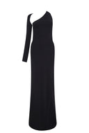 Close-up of the Room 24 Bond black dress showing the asymmetric neckline, single glove sleeve and sheer side-panel construction