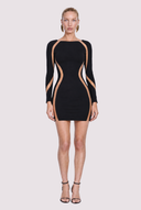 Front view of the Room 24 Becca black mini dress with long sleeves and curved sheer-mesh panels framing the shoulders and waist.