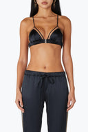 Front view of the Room 24 Bella bralette with satin-effect triangle cups, slim straps and a centre-front clasp.