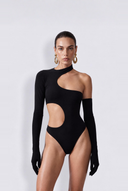 Front view of the Room 24 Bridget black asymmetric bodysuit with a high neckline, curved waist cut-out and glove sleeves.