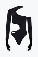 Close-up of the Room 24 Bridget black bodysuit showing the asymmetric turtleneck and sculpted neckline cut-out.