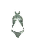 Close-up of the Room 24 Carol swimsuit showing the crossover halterneck and smooth draped-fabric construction.