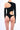 Back view of a black cut-out bodysuit with one long sleeve and open asymmetrical design