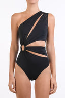 Front view of the Room 24 Cara one-piece swimsuit with an asymmetric neckline, sculptural cut-outs and statement ring detail.