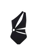 Close-up of the Room 24 Cara swimsuit showing its one-shoulder neckline, curved panels and statement ring detail.