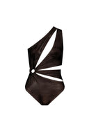 Close-up of the Room 24 Cara swimsuit showing its one-shoulder neckline, curved panels and statement ring detail.