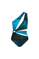 Close-up of the Room 24 Cara swimsuit showing its one-shoulder neckline, curved panels and statement ring detail.