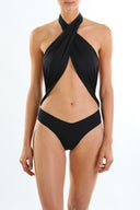 Front view of the Room 24 Carol one-piece swimsuit with a crossover halterneck, wrapped panels and statement torso cut-out.