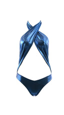 Close-up of the Room 24 Carol swimsuit showing its crossover halterneck and softly gathered stretch-fabric panels.
