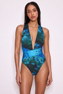 Front view of the Room 24 Rachel one-piece swimsuit with a deep plunge neckline, gathered panels and crossover waist.