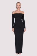 Front view of the Room 24 Celeste black maxi dress with a folded off-shoulder neckline, long sleeves and fitted silhouette.